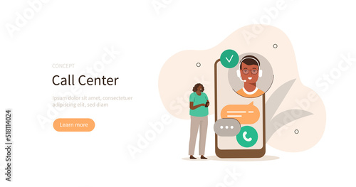 Customer support. Characters talking and chatting with helpdesk or call center operator on smartphone and receiving answers. User experience concept. Vector illustration.
