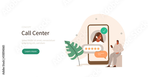 Customer support. Characters chatting with helpdesk or call center operator on smartphone and leaving positive feedback. User experience concept. Vector illustration.