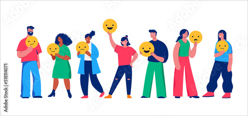 People holding emoji, smiley icon, giving review rating and feedback. Customer choice and employee feedback. Rank rating stars feedback. Business satisfaction support. 