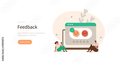 Feedback and review. Characters choosing emoji to show positive or negative satisfaction rating. Customer service and user experience concept. Vector illustration.