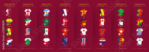 Football jerseys and football ball with flag of football 2022 competition participants sorted by group.
