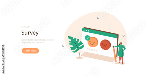 Feedback and review. Character filling survey form and giving positive or negative opinion. Customer service and user experience concept. Vector illustration.