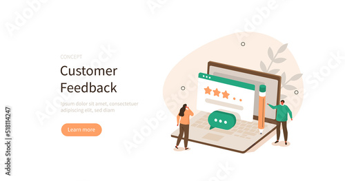 Feedback and review. Character asking customer for opinion. Customer service and user experience concept. Vector illustration.