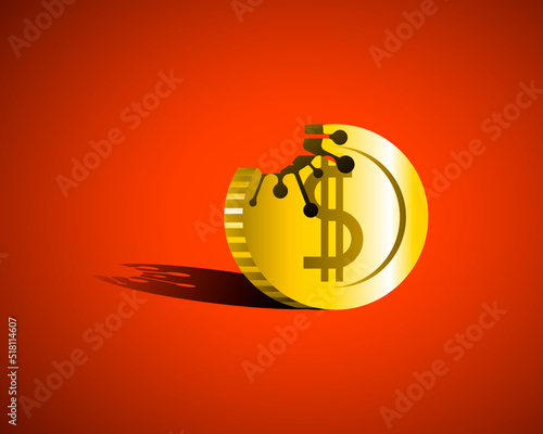 Dollar coin bitten by a virus. The concept of currency devaluation and economic crisis due to covid-19. Economic downturn crisis from COVID-19 coronavirus. Spending and loans. Vector illustration