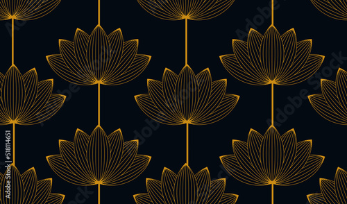 asian style lotus flower seamless pattern in gold on black