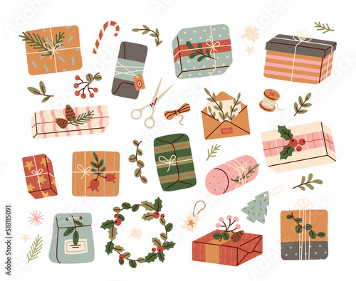 Christmas gifts in craft paper set. Beautiful presents in rustic boxes with spruce branches and thin rope. Congratulation Xmas and New Year. Cartoon flat vector collection isolated on white background