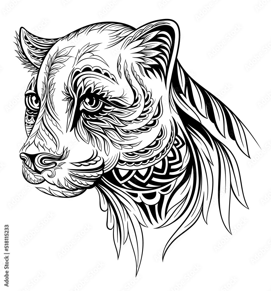 Panther head in floral ornament. Beautiful hand drawn wild animal with ...