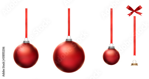 Fényképezés Red Christmas bauble tree decorations with other design elements isolated against a white background