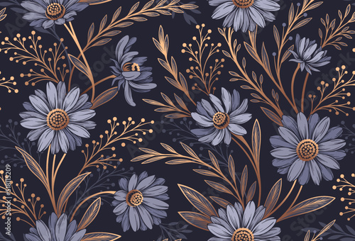 Dark seamless floral pattern. Repeating luxury template with blooming plants, golden branches and leaves. Design element for wallpaper and print on fabric or paper. Elegant vector illustration