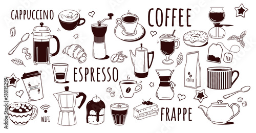Set of cute coffee shop icon. Hand drawn drinks from cocoa beans, cappuccino, teapot, mug or cup, sweet desserts, tea and lettering. Cartoon flat vector collection isolated on white background