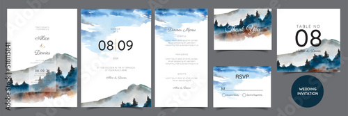wedding invitation with mountain view watercolor background	
