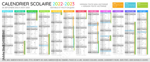 Calendrier scolaire 2022 - 2023. Fichier éditable et multi-calques