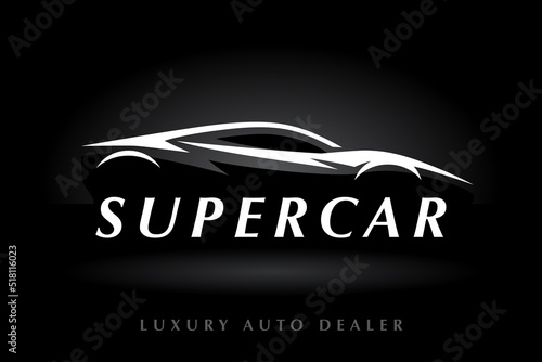 Sports vehicle supercar logo. Luxury motor car dealer emblem. Auto garage silhouette icon. Automotive dealership symbol. Vector illustration.