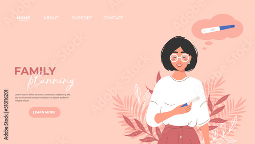 Family planning website landing page for pregnant women with an image of a pregnant girl holding a positive test. Vector