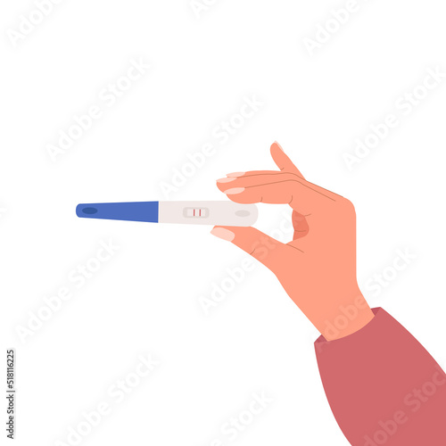 Illustrations of a woman's hand holding a positive pregnancy test. Concept of medicine, gynaecology, planning to conceive, pregnancy. Vector
