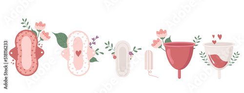Menstrual hygiene kit for women. Flat style illustration of pads, tampons, menstrual cups. Vector