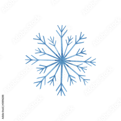 Bright blue snowflake isolated on white background. Watercolor hand drawn winter illustration. Art for cards, invitation