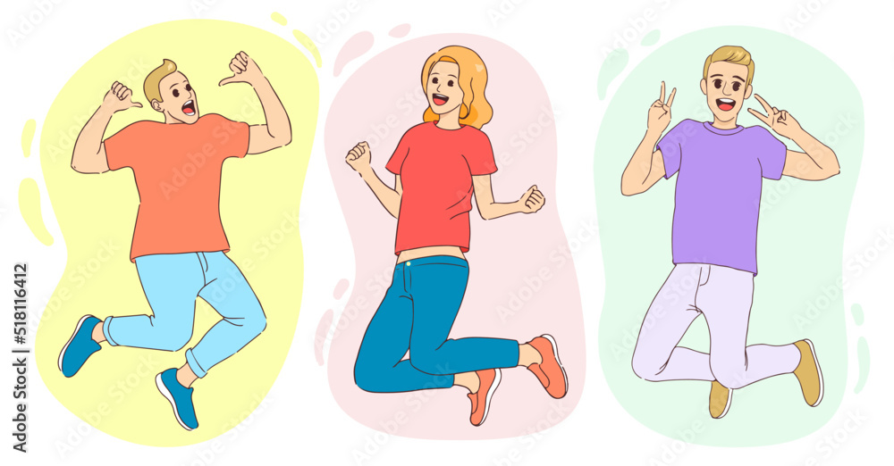 Three young happy free people flying, floating and jumping. Concept of freedom, development and aspirations Three young happy free people flying, floating and jumping. Concept of freedom, development and aspirations