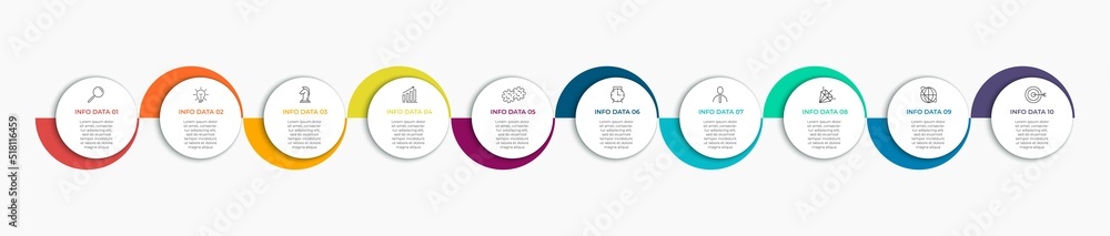 Business Infographics template. Timeline with 10 steps, options and marketing icons .Vector linear infographic with two circle conected elements. Can be use for presentation. Business Infographics template. Timeline with 10 steps, options and marketing icons .Vector linear infographic with two circle conected elements. Can be use for presentation.