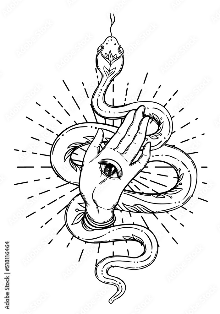 Magic hand and snake. Fortune telling concept. Spiritual Palmistry ...