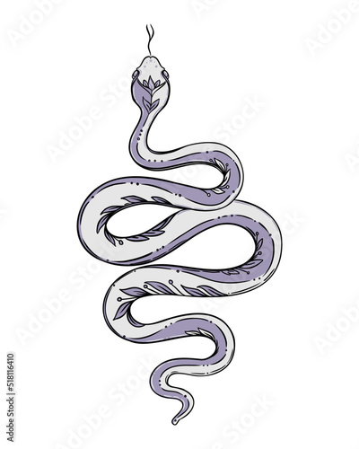 Vector outline snake. Magic symbol. Serpent art in trendy style. Wicca moon goddess symbol. Vector illustration. Tattoo, astrology, alchemy, boho and magic symbol. Coloring book.