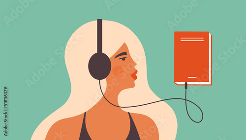 Audio book vector illustration. Young woman listening audiobook. Female character listening to books by headphones. Smart student girl learning audio lesson. Online library, education, podcast concept