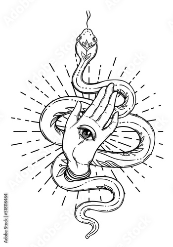 Magic hand and snake. Fortune telling concept. Spiritual Palmistry symbol logo and temporary tattoo. Esoteric mystical black silhouette serpent for magic witch craft. Vector outline illustration.