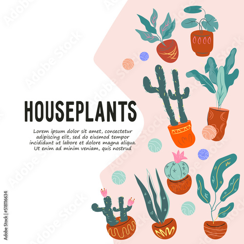 Houseplants banner or poster design for trendy hygge lifestyle and urban jungle concept. Planting at home as hobby and recreation, flat hand drawn vector illustration isolated on white background.