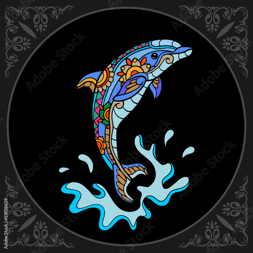 Colorful dolphin zentangle arts isolated on black background