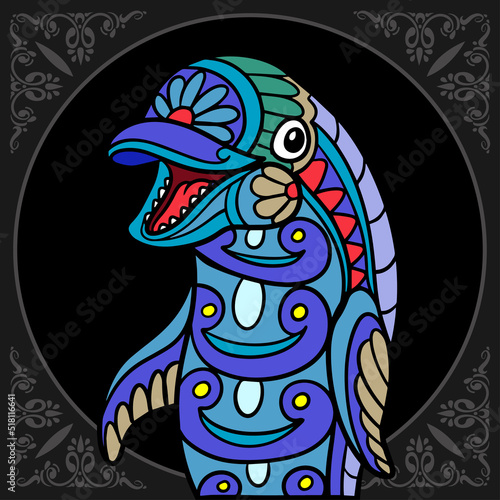 Colorful dolphin zentangle arts isolated on black background