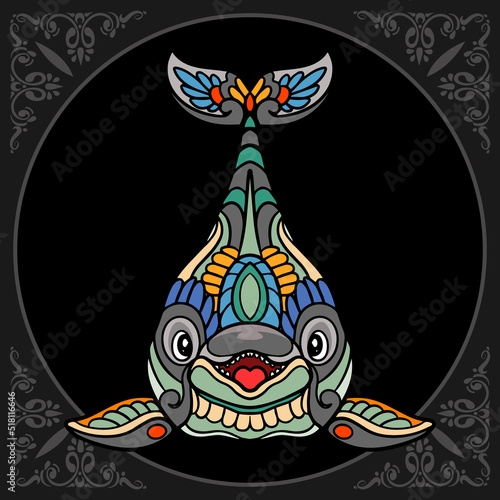Colorful dolphin zentangle arts isolated on black background