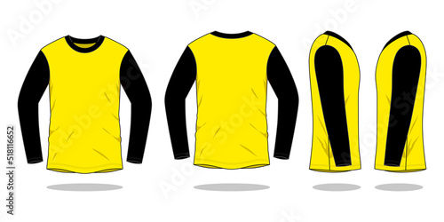 Yellow-Black Long Sleeve T-Shirt Design on White Background. Front and Back Views, Vector File.