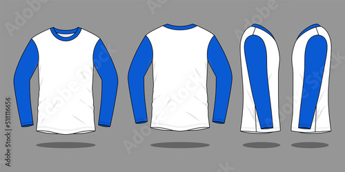 White-Blue Long Sleeve T-Shirt Design on Gray Background. Front and Back Views, Vector File.