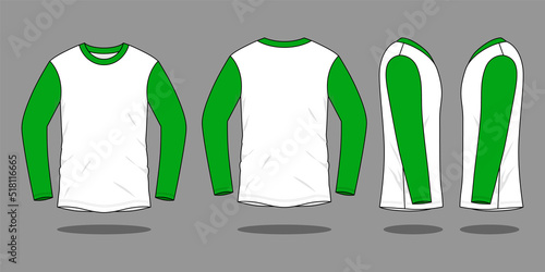 White-Green Long Sleeve T-Shirt Design on Gray Background. Front and Back Views, Vector File.