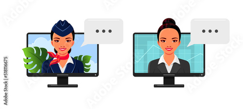 Asian girls portraits, stewardess and business woman on computer screen. Vector cartoon set of female characters, air hostess in uniform and businesswoman, trader, manager or realtor with graph