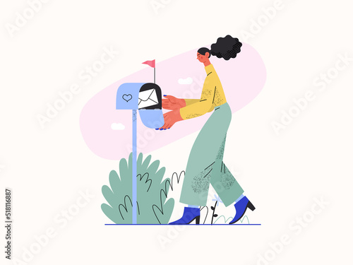 You have a message - Online shopping and electronic commerce series - modern flat vector concept illustration of woman getting letter from postbox. Promotion, discounts, sale and online orders concept