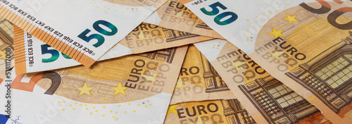 Banner of 50 euro banknotes. Money background. Soft focus