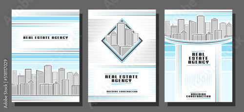 Vector Flyers Set, 3 booklets with copy space for text on skyline cityscape background, three minimal design flyer templates for building construction company or real estate agency with urban skyline