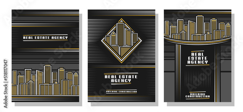 Vector Flyers Set, 3 folders with copy space for text on illuminated skyline background, three line art design flyer template for building construction company or real estate agency with urban skyline