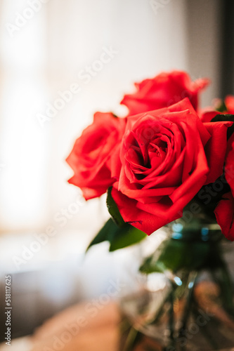 Red roses in vase in a window 