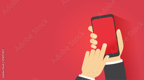 Holding phone in hands. Phone mockup. Touching screen with finger.