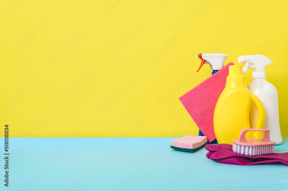 House cleaning products, copy space. Stock Photo by stockfilmstudio