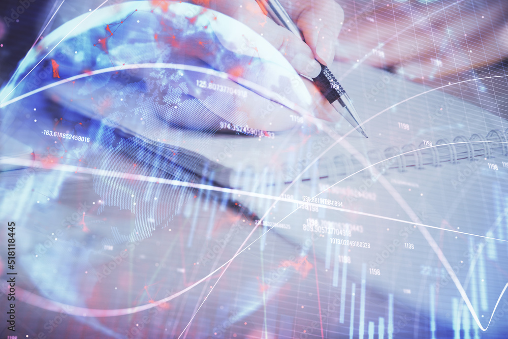 custom made wallpaper toronto digitalA woman hands writing information about stock market in notepad. Forex chart holograms in front. Concept of research. Multi exposure