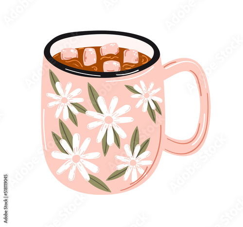 Hot chocolate with marshmallow isolated on white background. Vector illustration. 