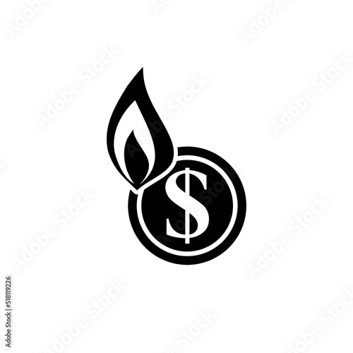 Money and fire icon. Worthless money and inflation logo isolated on white background