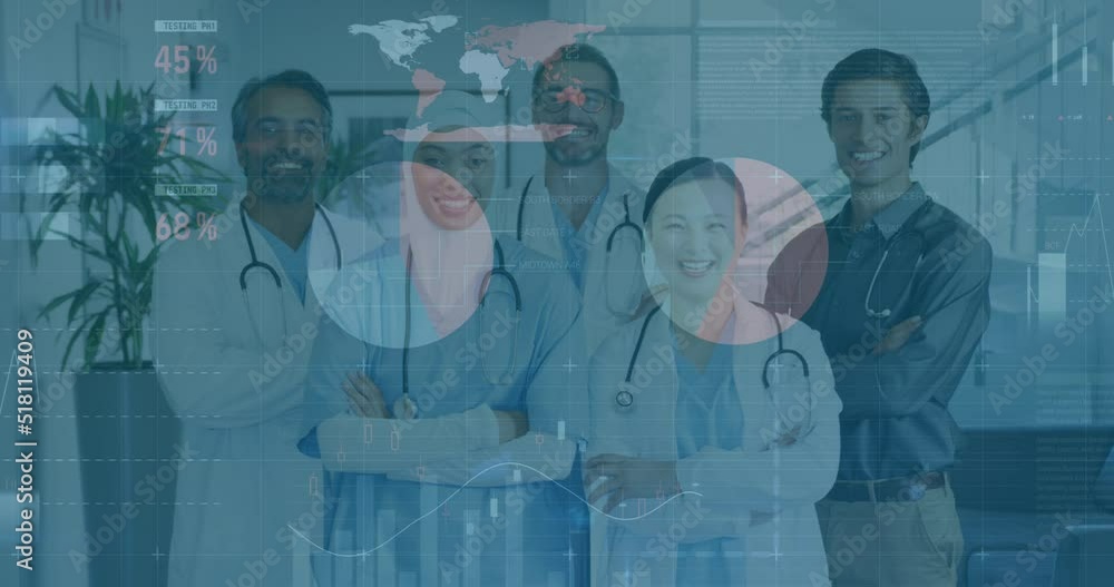 Animation of financial graphs and data over happy diverse medics posing at camera Animation of financial graphs and data over happy diverse medics posing at camera