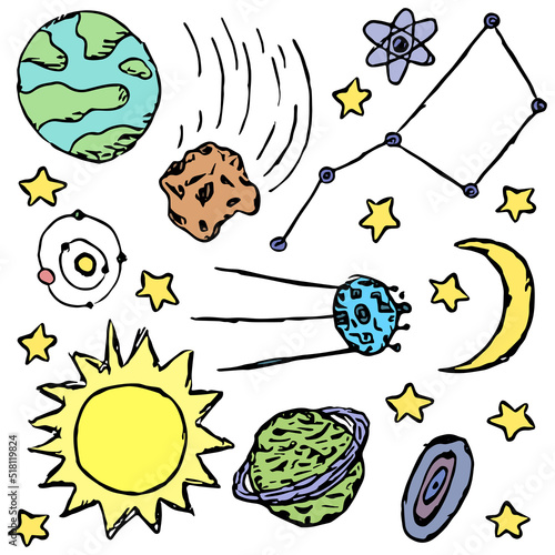 Space icons. Cosmos background. Doodle vector space illustration with planets, comet, stars, moon, sun and black hole