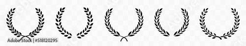 Set of black circular foliate laurels branches.Laurel wreath.Silhouette laurel wreath. Heraldic trophy crest, Greek and Roman olive branch award, winner round emblem. Vector black laurels set photo