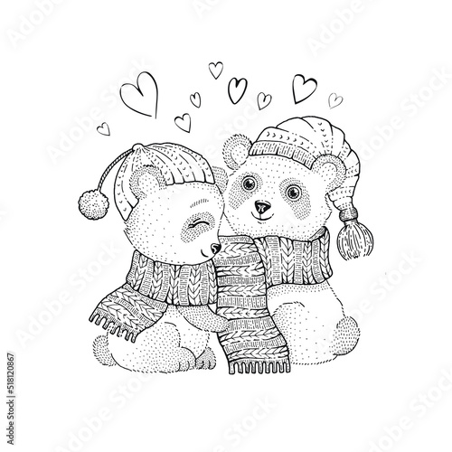 Christmas panda. Love teddy bear vector. Animal cuddle. Cartoon cute panda bears in scarf, hat. Heart cool background. Happy friendship hug. Christmas friend card. Winter family coloring book couple