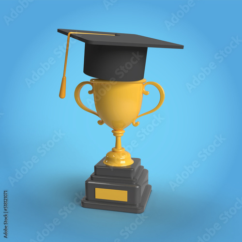 3d trophy and graduation with blue background